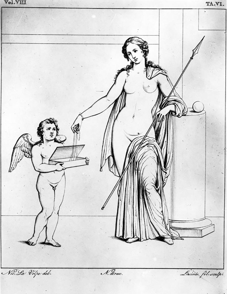 VI.9.2 Pompeii. W.132. Peristyle 16, south wall, painting of Venus and Eros.
According to Overbeck, the first picture from east end of the north wall was of Venus and Eros. Helbig 303.
According to Schefold this picture was on the south wall.
See Overbeck J., 1884. Pompeji in seinen Gebäuden, Alterthümen und Kunstwerken. Leipzig: Engelmann. p. 311.
See Schefold, K., 1957. Die Wände Pompejis. Berlin: De Gruyter. p. 112.
See Helbig, W., 1868. Wandgemälde der vom Vesuv verschütteten Städte Campaniens. Leipzig: Breitkopf und Härtel. (303).
See Real Museo Borbonico, VIII, 1832, Tav. VI. 
Photo by Tatiana Warscher. Photo © Deutsches Archäologisches Institut, Abteilung Rom, Arkiv.