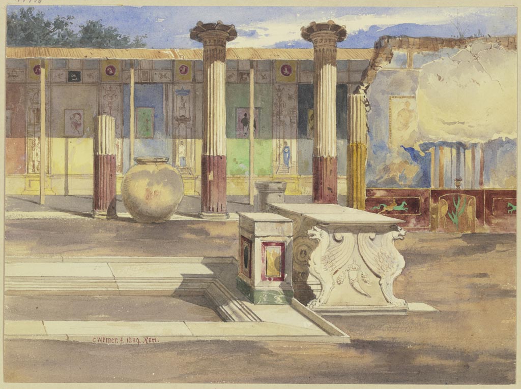 VI.9.2 Pompeii. Painting by Carl Werner, dated 1839, “Die casa de Meleagro Pompeji”
Looking north from atrium towards peristyle garden area.
Now in the Städel Museum, Frankfurt am Main, inventory number 13750.