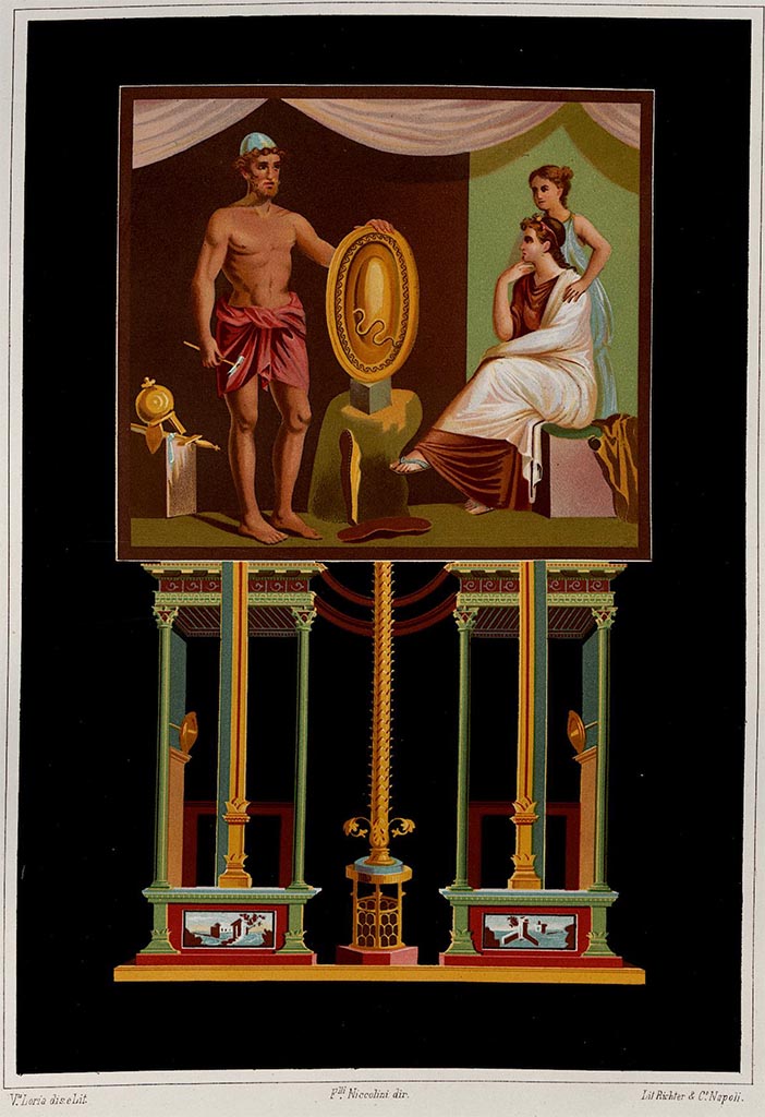 VI.9.2 Pompeii. 
Room 2, atrium, wall painting of Hephaestus showing Thetis the weapons he has made for Achilles.
Found 22nd September 1829. 
Now in Naples Archaeological Museum. Inventory number 9528.
See Niccolini, F., 1896. Le Case ed i Monumenti di Pompei: Book 4, (Supplemento Tav. I)