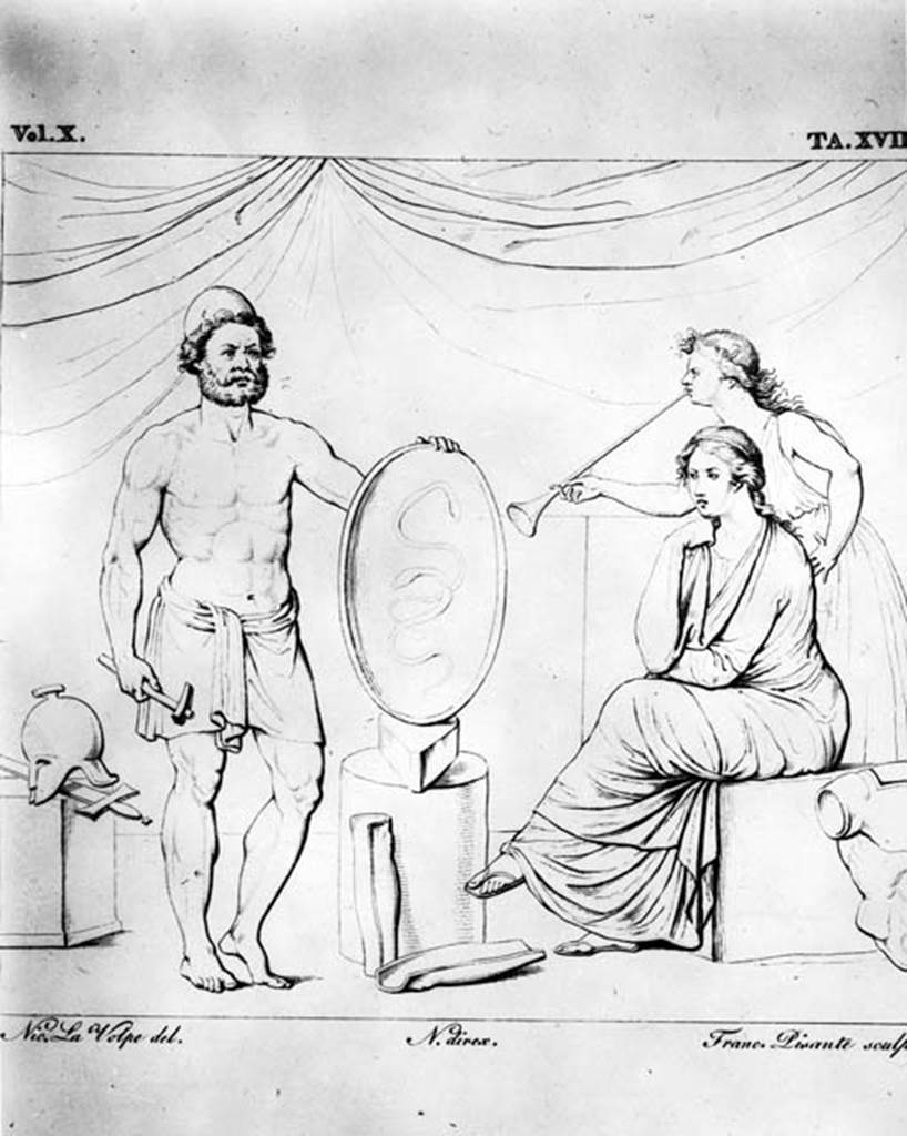 VI.9.2 Pompeii. W.138. Room 2, north wall of atrium at west end.
Drawing of painting of Thetis & Hephaestus. Original now in Naples Archaeological Museum, inventory number 3528.
See Real Museo Borbonico, X, taf 18.
See Helbig, W., 1868. Wandgemälde der vom Vesuv verschütteten Städte Campaniens. Leipzig: Breitkopf und Härtel. (1317).
Photo by Tatiana Warscher. Photo © Deutsches Archäologisches Institut, Abteilung Rom, Arkiv.