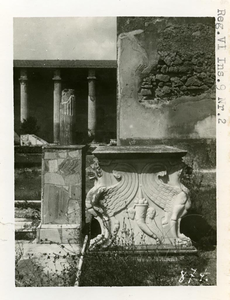 VI.9.2 Pompeii. Pre 1937-39. Room 2, looking north across atrium to marble table leg, and pediment, in front.
Photo courtesy of American Academy in Rome, Photographic Archive. Warsher collection no. 874.