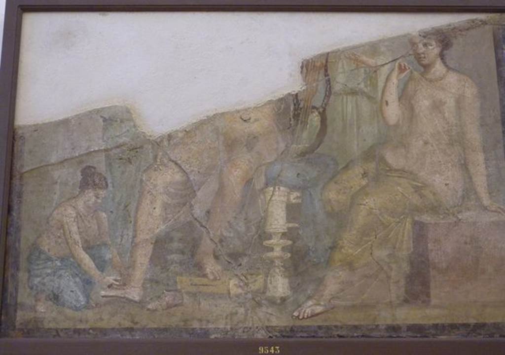 VI.9.2 Pompeii. Found 22nd September 1829 on west end of south wall of room 2, atrium. 
Wall painting of a servant putting the shoes on a man with a lyre. A woman sits at his side and other figures stand in the background. Now in Naples Archaeological Museum. Inventory number 9543.  According to Overbeck-Mau, this painting might have been of Paris and Helen.
See Overbeck J., 1884. Pompeji in seinen Gebäuden, Alterthümen und Kunstwerken. Leipzig: Engelmann. (p.309)
See Helbig, W., 1868. Wandgemälde der vom Vesuv verschütteten Städte Campaniens. Leipzig: Breitkopf und Härtel. (1386b).