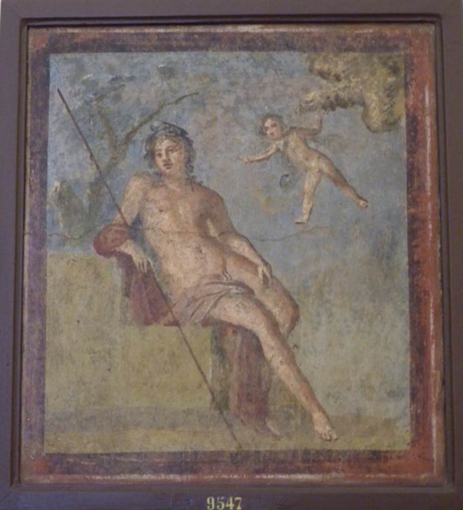 VI.9.2 Pompeii. 22nd September 1829. Room 12, east wall of cubiculum on south side of atrium. Wall painting of a cupid leading Zeus’ eagle to Ganymede. Now in Naples Archaeological Museum. Inventory number 9547. See Helbig, W., 1868. Wandgemälde der vom Vesuv verschütteten Städte Campaniens. Leipzig: Breitkopf und Härtel. (154).