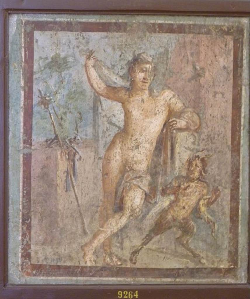 VI.9.2 Pompeii.   12th October 1829.  Room 13.  Cubiculum on south side of atrium. Wall painting of Hermaphrodite and a startled Pan who flees in surprise. Now in Naples Archaeological Museum.  Inventory number 9264. See Helbig, W., 1868. Wandgemälde der vom Vesuv verschütteten Städte Campaniens. Leipzig: Breitkopf und Härtel. (1371).