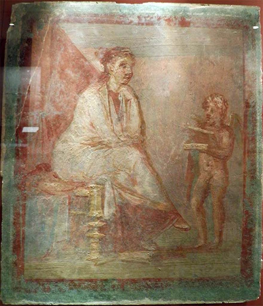 VI.9.2 Pompeii. Wall painting of Cupid revealing the contents of a gilded box to a seated woman, found in room 13. 
Now in the Ashmolean Museum Oxford.
Photo courtesy Carole Raddato, Wikimedia Commons. See Original on Wikimedia
Use subject to Creative Commons Attribution Sharealike 2 licence.