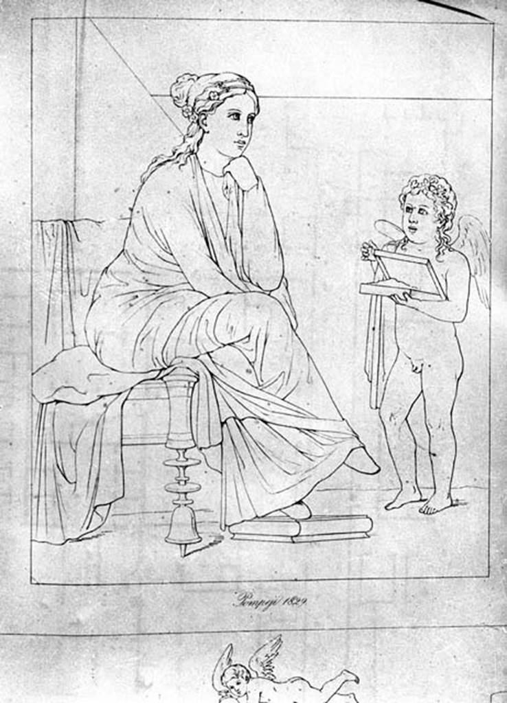 231867 Bestand-D-DAI-ROM-W.133be.jpg
VI.9.2 Pompeii. W.133. 1829 drawing of wall painting of Cupid revealing the contents of a gilded box to a seated woman, found in room 13. See Helbig, W., 1868. Wandgemälde der vom Vesuv verschütteten Städte Campaniens. Leipzig: Breitkopf und Härtel. (1430)
According to Bragantini, this painting was found on the west wall, and thought to show Sappho on her throne and a cupid. See Bragantini, de Vos, Badoni, 1983. Pitture e Pavimenti di Pompei, Parte 2. Rome: ICCD. (p.186)
Photo by Tatiana Warscher. With kind permission of DAI Rome, whose copyright it remains. 
See http://arachne.uni-koeln.de/item/marbilderbestand/231867