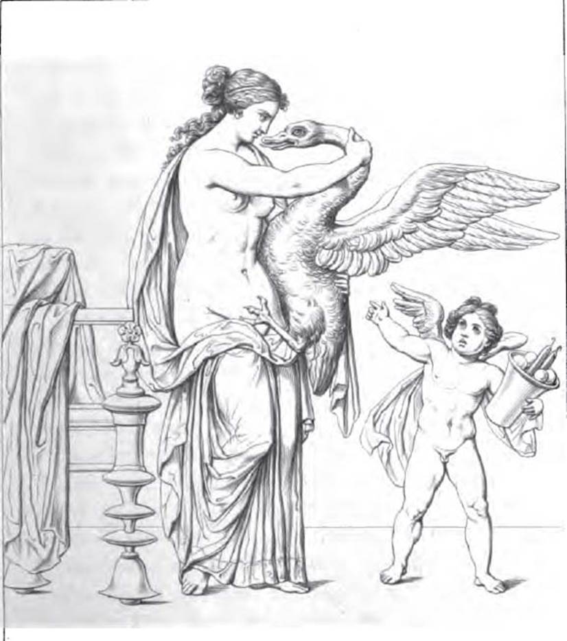 VI.9.2 Pompeii. Drawing of painting of Leda and the swan, from the west wall of room 14.
See Real Museo Borbonico, X, taf 3.