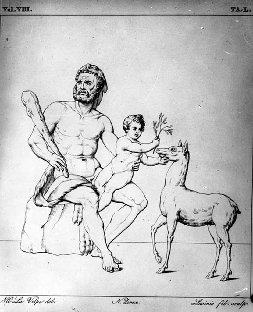 230970 Bestand-D-DAI-ROM-W.144.jpg
VI.9.2 Pompeii. W.144. Drawing of wall painting of Hercules and Telephus. According to Bragantini, this would have been seen on the east wall. See Bragantini, de Vos, Badoni, 1983. Pitture e Pavimenti di Pompei, Parte 2. Rome: ICCD. (p.187).  See Real Museo Borbonico, VIII, taf 50.  See Helbig, W., 1868. Wandgemälde der vom Vesuv verschütteten Städte Campaniens. Leipzig: Breitkopf und Härtel. (1144)
Photo by Tatiana Warscher. With kind permission of DAI Rome, whose copyright it remains. 
See http://arachne.uni-koeln.de/item/marbilderbestand/230970