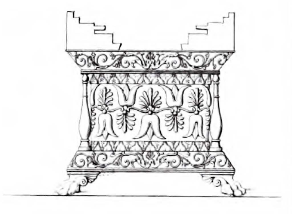 VI.9.2 Pompeii. About 1834. Room 15, triclinium. West wall with niche recess. 
Sketch of small bronze altar finely decorated with Damascene inlay in silver.
See Boyce G. K., 1937. Corpus of the Lararia of Pompeii. Rome: MAAR 14. (p.16).
See Real Museo Borbonico XI (Pl:44).