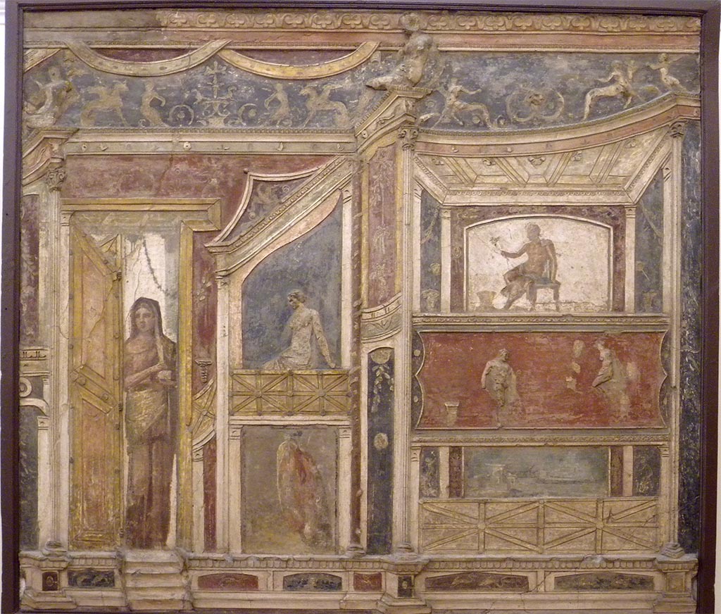 VI.9.2 Pompeii. Found 30th October 1829 in room 8, tablinum from top of east wall. Stucco relief decoration. 
Now in Naples Archaeological Museum. Inventory number 9595.