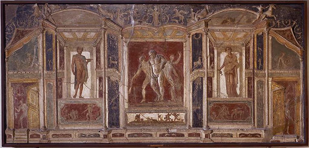 VI.9.2 Pompeii. Found 30th October 1829 in room 8, tablinum from top of south wall. Stucco relief decoration. 
Now in Naples Archaeological Museum. Inventory number 9625.