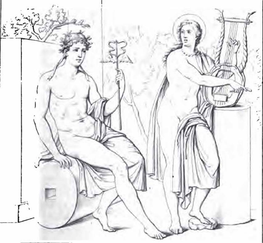 VI.9.2 Pompeii. 1834 drawing of Apollo and Mercury painting, room 29, centre of south wall.
See Real Museo Borbonico, X, 1834, Tav. XXXVII.
See Bragantini, de Vos, Badoni, 1983. Pitture e Pavimenti di Pompei, Parte 2. Rome: ICCD. P. 199.
See Schefold, K., 1957. Die Wände Pompejis. Berlin: De Gruyter.  p.110.
See Helbig, W., 1868. Wandgemälde der vom Vesuv verschütteten Städte Campaniens. Leipzig: Breitkopf und Härtel. (201).