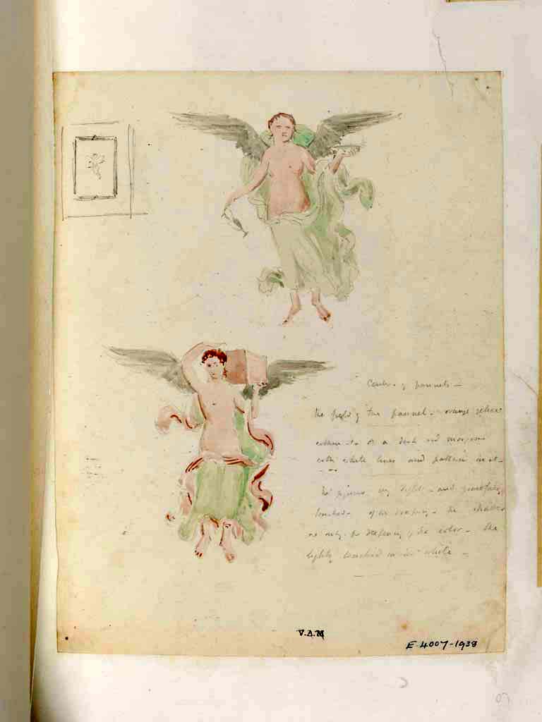 VI.9.2 Pompeii. c.1840. Room 29, south wall. (?) Painting by James William Wild showing Cupids/Amorini. 
At the top, on the left, he drew a small panel to show where these could be found.
On the right, he wrote – 
“Centre of panels – the fields of the panel orange yellow within “a to a”, a dark red margin with white line and pattern in it. 
The figures very light and gracefully touched – of the drapery - the shades are only a deepening of the colour. The lights touched in white.”
The Warscher photo, above, shows the dark edged square panels above the zoccolo/dado, where we think these may have been found.
The Jashemski photo, above, (J68f0997) shows how faded the panels were in 1968.
Reading PPP, and PPM, we are not sure whether there would have been two panels on both the north and south wall, or just these two on the south wall. 
If anyone knows anything different, we would be pleased to hear from them.
Photo © Victoria and Albert Museum, inventory number E.4007-1938.