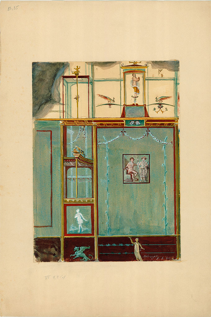 VI.9.2 Pompeii. June 1889. 
Room 29, east side of central painting on south wall showing painted wall decoration. 
DAIR 83.85. Photo © Deutsches Archäologisches Institut, Abteilung Rom, Arkiv.