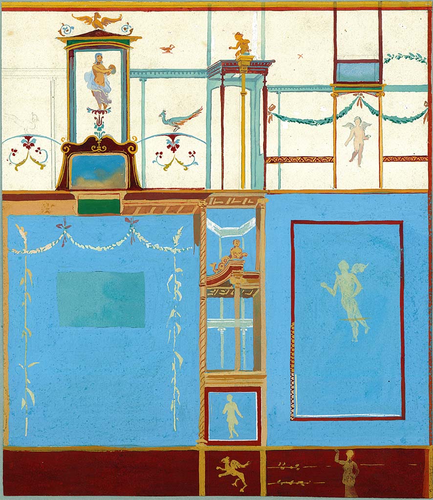 VI.9.2 Pompeii. Between 1834-1890. Room 29, west side of central wall painting with architectural features by C. E. Plitt. 
Not signed but in a folder with others numbered A-VII-34-90 to 111 with title: "Pompeji. Handmalereien von C. E. Plitt".
DAIR A-VII-34-093. Photo © Deutsches Archäologisches Institut, Abteilung Rom, Arkiv.