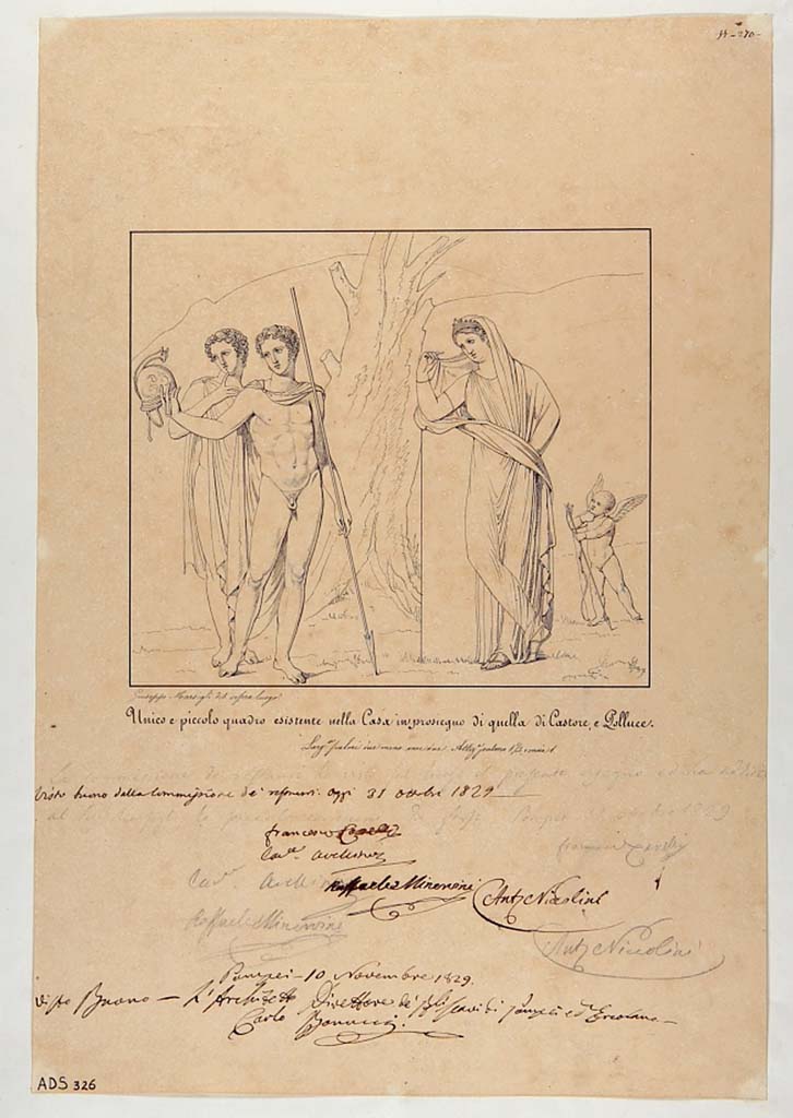VI.9.3 Pompeii. Drawing by Giuseppe Marsigli, 1829, of painting which remained in situ in Exedra 12. (Helbig 1382)
Now in Naples Archaeological Museum. Inventory number ADS 326.
Photo © ICCD. https://www.catalogo.beniculturali.it
Utilizzabili alle condizioni della licenza Attribuzione - Non commerciale - Condividi allo stesso modo 2.5 Italia (CC BY-NC-SA 2.5 IT)