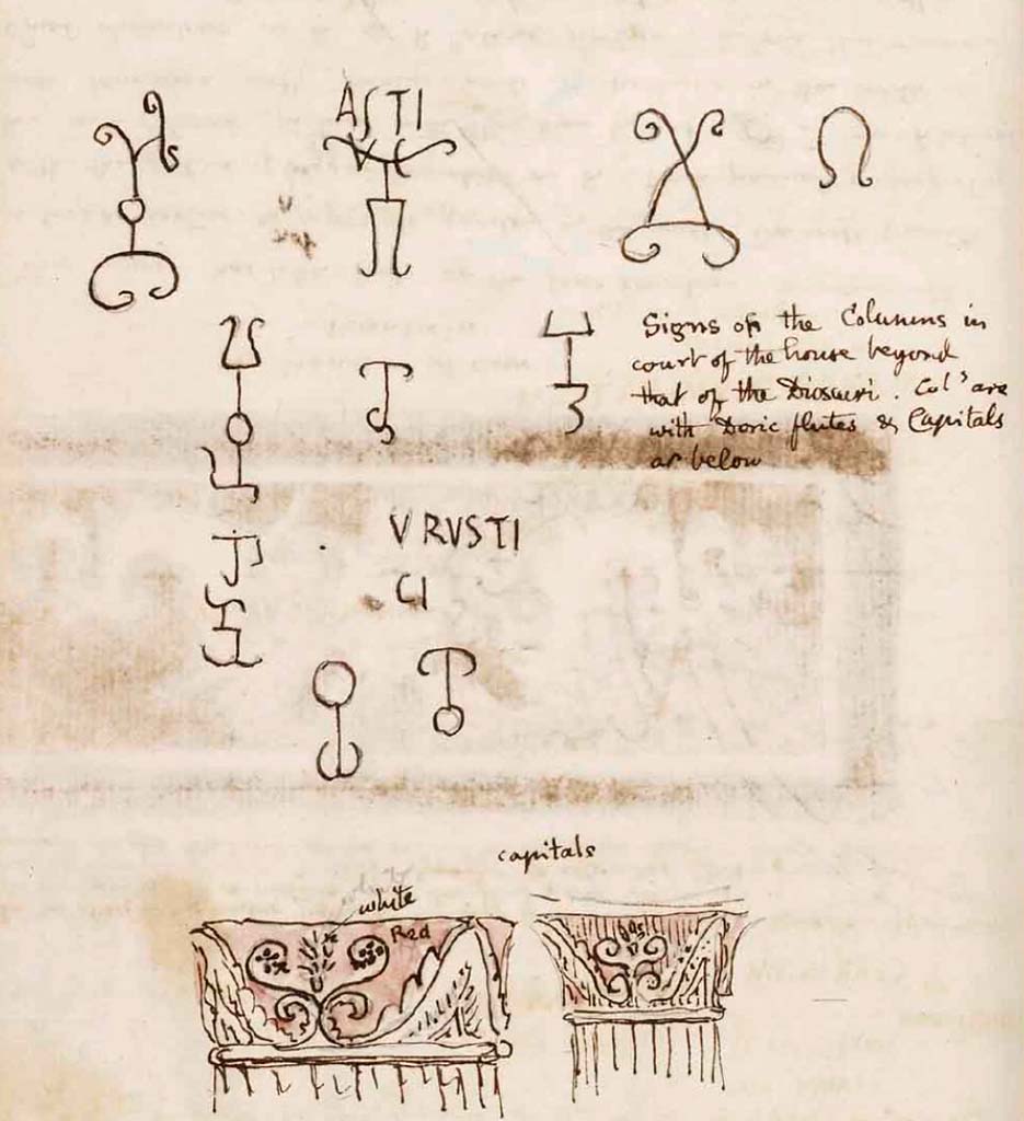 VI.9.5 Pompeii. c.1830. Drawing by Gell.
According to Gell these are signs found on the columns in the court of the house beyond that of the Dioscuri. 
Columns are with Doric flutes and Capitals as below.
See Gell, W. Sketchbook of Pompeii, c.1830. 
See book from Van Der Poel Campanian Collection on Getty website http://hdl.handle.net/10020/2002m16b425
CIL IV 1299 records: ibidem in ordinis antici columna a sinistra secunda.
ASTI
VS
Tab. XXI 7 ex meo apographo. - Gell 1832 II tab. XLIX et p. 122; Garrucci XXVII 86. 
Figuram prius incisam esse patet; alias eiusmodi figuras Gellius I. c. exhibet.
CIL IV 1297 records: in peristylio a aedium n. 12 in ordinis antici columna prima a dextra, litteris quadratis.
Q_RVSTI//
Q
Descripsi. - Gell 1. c. male.
Idem in alia eiusdem columnae parte sub 1298 repetitum est, nisi quod v. 1 Q_RVST.
--- In ordinis dextri columna quarta legi RV-S///////.
CIL IV 1298 records: in eadem columna litteris quadratis clarissimis.
DMVS 0,02i
Descripsi.