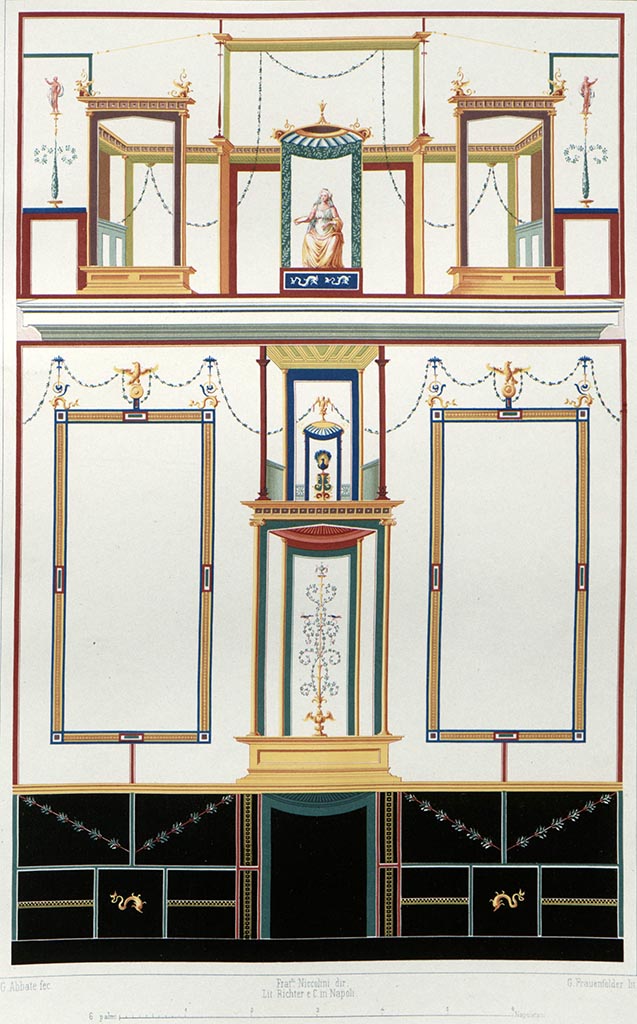 VI.9.6 Pompeii. Room 16, reproduction painting of south wall.
See Niccolini, F., 1854. Le Case ed i Monumenti di Pompei: Book 1, Casa detta di Castore e Polluce: Tav. X.