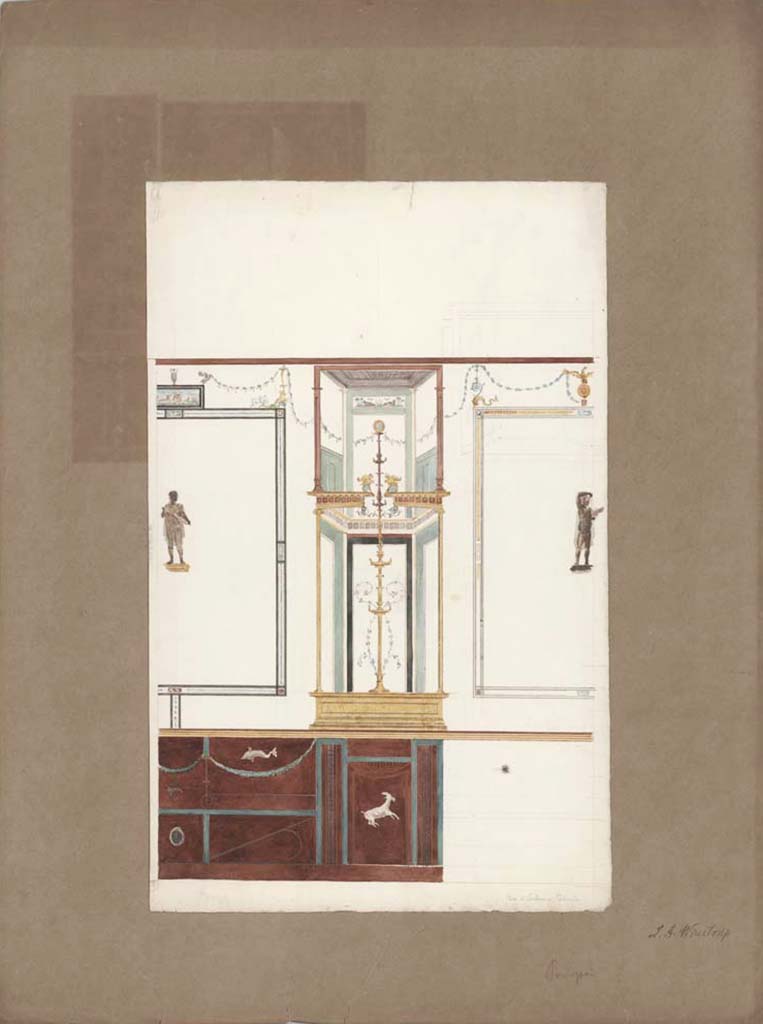 VI.9.6 Pompeii. 1849. Room 16, painting by Laurits Albert Winstrup, without a clear indication from which wall. 
Photo © Danmarks Kunstbibliotek, inventory number ark_6190b.