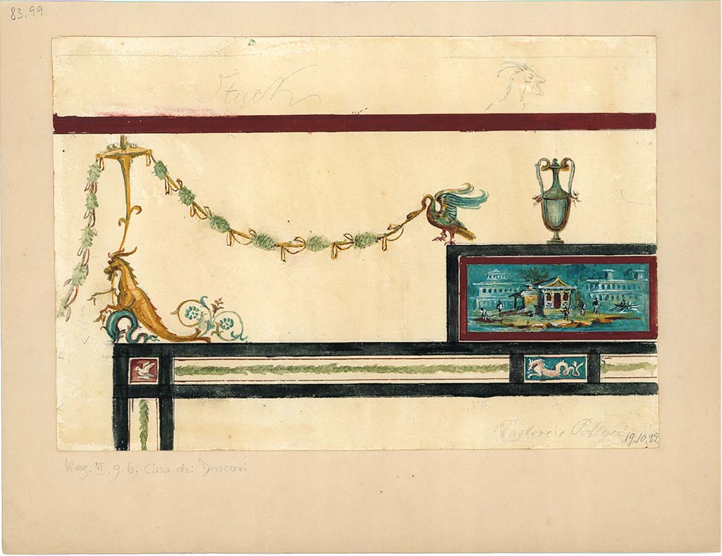 VI.9.6 Pompeii. 19th October 1889. Room 16, detail of painted decoration and landscape scene, from west wall at south end.
DAIR 83.99. Photo © Deutsches Archäologisches Institut, Abteilung Rom, Arkiv.