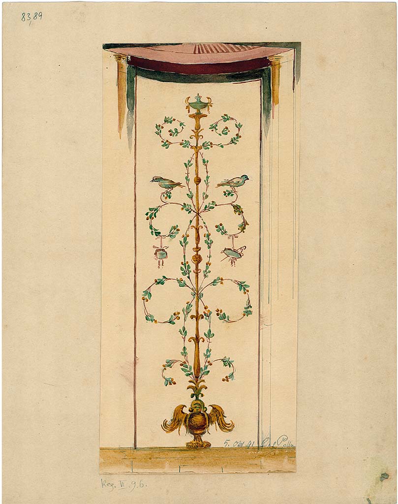 VI.9.6 Pompeii. October 1891. 
Room 16, detail of painted candelabra from west wall, as well as north wall, (see below).
DAIR 83.89. Photo © Deutsches Archäologisches Institut, Abteilung Rom, Arkiv.