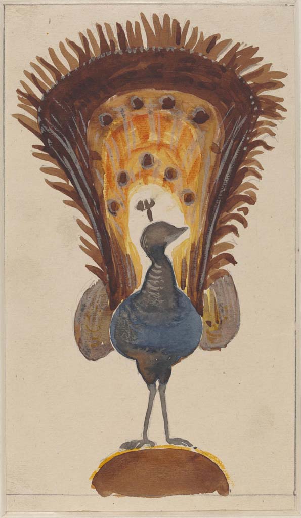VI.9.6 Pompeii. c.1870’s. Painting by Sydney Vacher of a peacock, seen on the north wall of room 16. 
Photo © Victoria and Albert Museum, inventory number E.4401-1910.