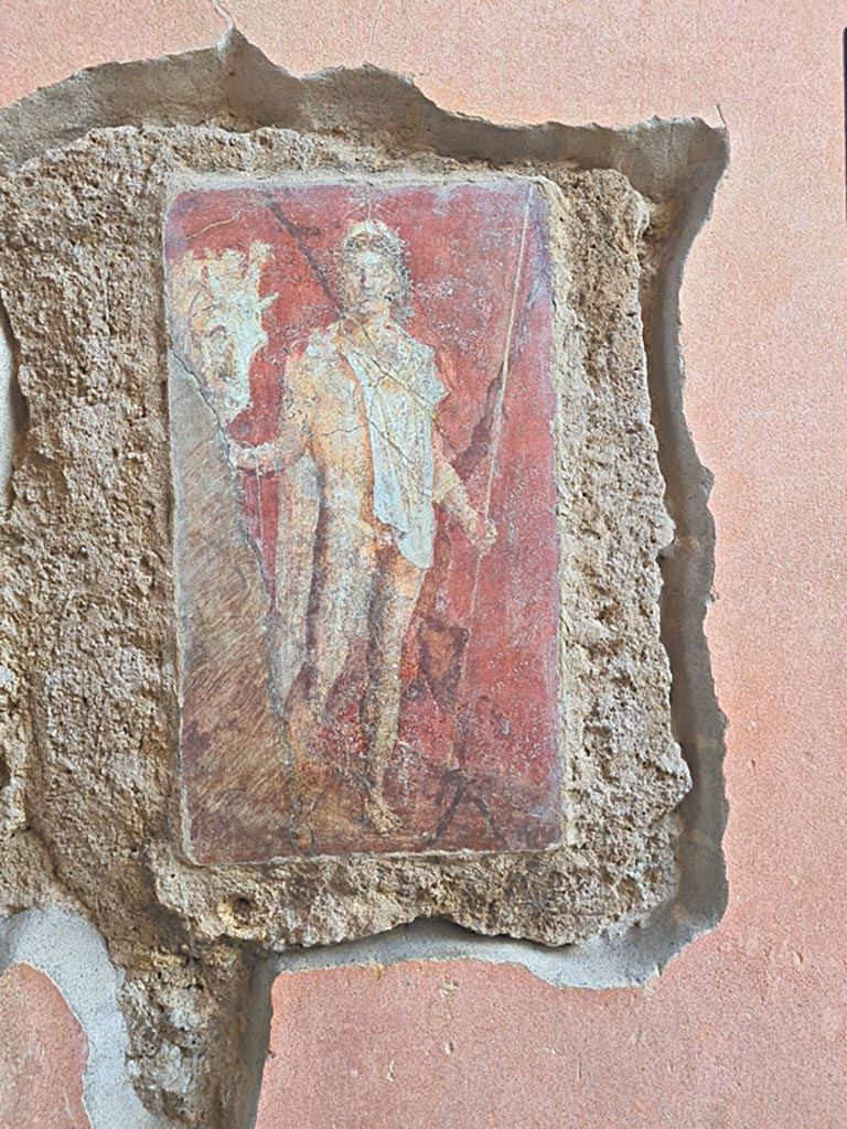 VI.9.6 Pompeii. November 2023. 
Room 1, south wall of entrance fauces/corridor with copy of original painting, now in Naples Museum, inv. no. 9453.
Photo courtesy of Giuseppe Ciaramella.