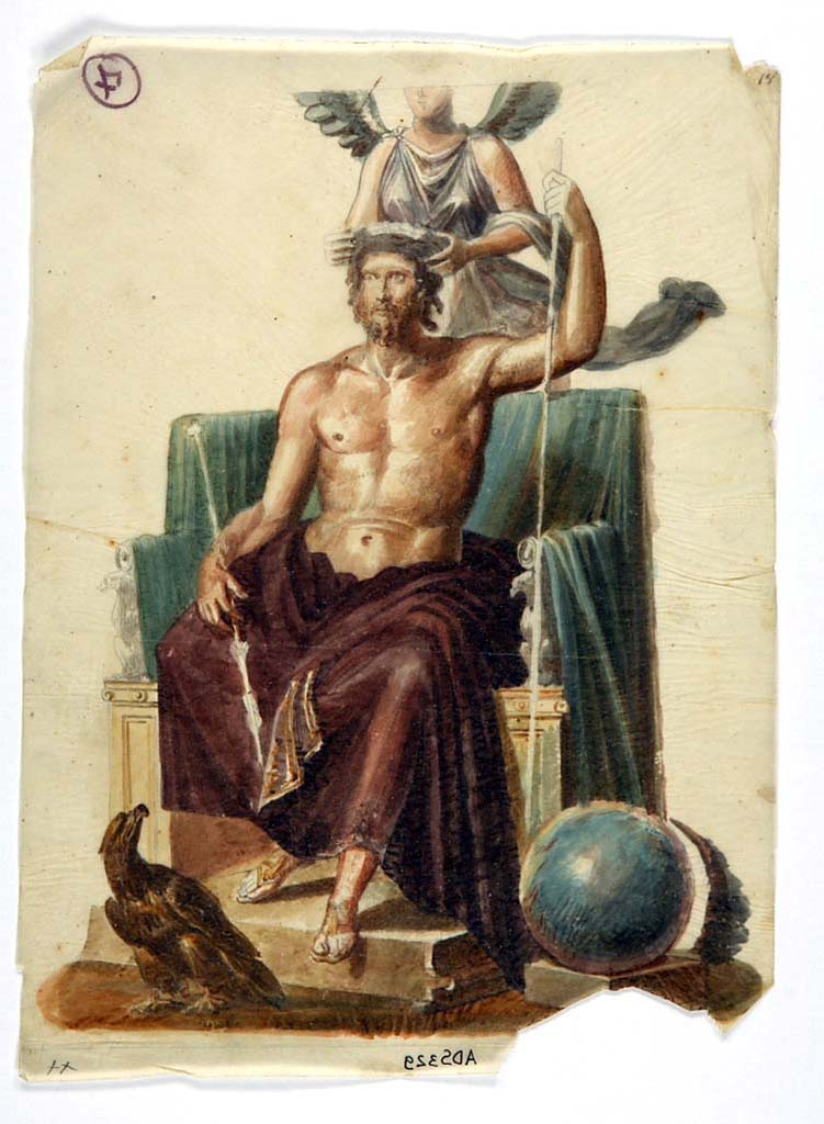 VI.9.6 Pompeii. Painting by Giuseppe Marsigli of Zeus on his throne from upper wall in atrium.
Now in Naples Archaeological Museum. Inventory number ADS 329.
Photo © ICCD. http://www.catalogo.beniculturali.it
Utilizzabili alle condizioni della licenza Attribuzione - Non commerciale - Condividi allo stesso modo 2.5 Italia (CC BY-NC-SA 2.5 IT)
We have reversed this image as it is in reverse on the ICCD website.