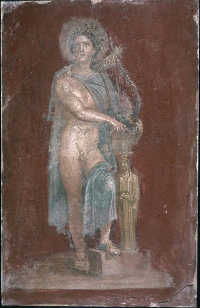 VI.9.6 Pompeii. Found on 9th June 1828. Apollo with cithara resting on archaic gold coloured statue.
Photo © The Trustees of the British Museum. Inventory number 1857,0415.1.
See Helbig, W., 1868. Wandgemälde der vom Vesuv verschütteten Städte Campaniens. Leipzig: Breitkopf und Härtel, 181.