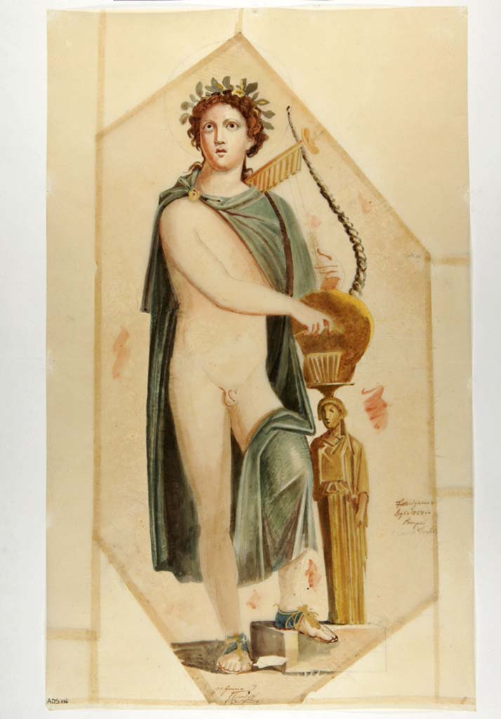 VI.9.6 Pompeii. Painting by Giuseppe Marsigli, 8th July 1828, of Apollo from wall in atrium.
Now in Naples Archaeological Museum. Inventory number ADS 336.
Photo © ICCD. http://www.catalogo.beniculturali.it 
Utilizzabili alle condizioni della licenza Attribuzione - Non commerciale - Condividi allo stesso modo 2.5 Italia (CC BY-NC-SA 2.5 IT)