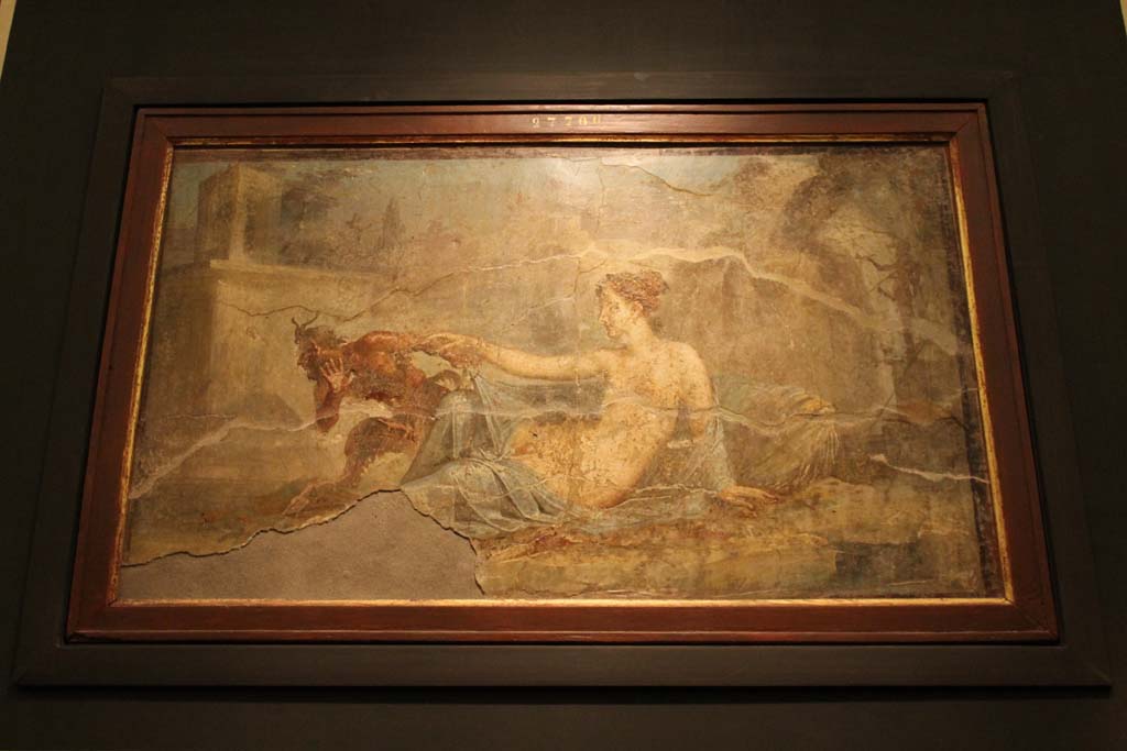 VI.9.6 Pompeii. July 2017. Found on 1st July 1828. Pan and Hermaphrodite. Found over the entrance to the big peristyle, on the south wall. 
Now in Naples Archaeological Museum. Inventory number 27700.
Foto Annette Haug, ERC Grant 681269 DÉCOR.