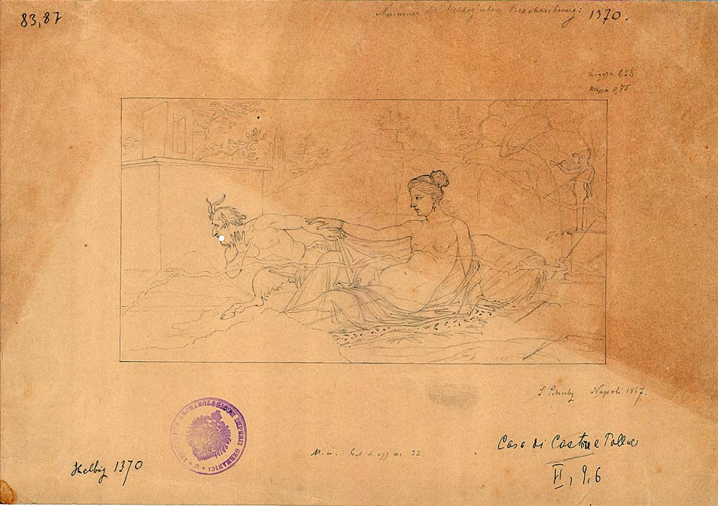 VI.9.6 Pompeii. 1867 Drawing of painting of Pan and Hermaphrodite found on 1st July 1828. 
DAIR 83.87. Photo © Deutsches Archäologisches Institut, Abteilung Rom, Arkiv. 
See Helbig, W., 1868. Wandgemälde der vom Vesuv verschütteten Städte Campaniens. Leipzig: Breitkopf und Härtel. (1370: p.304, p.469).