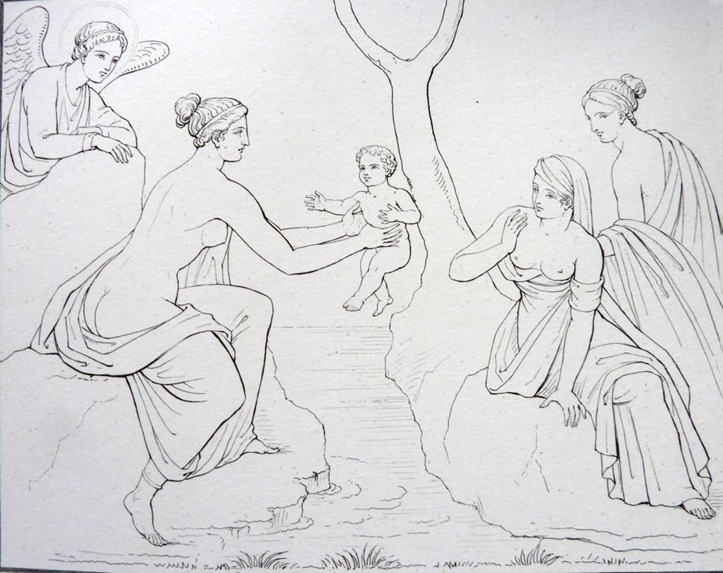 VI.9.6 Pompeii. Pre 1836.  
Room 8, drawing by Gell of wall painting from the north wall, of Nymphs bathing or taking the newly born Adonis.
Gell wrote –
“This represents Achilles bathed in the Styx, and has every appearance of having been taken from something of a superior cast.
It is always agreeable to possess an ancient painting of subjects recorded in history or poetry.”
See Gell, W and Gandy, J., 1880. Pompeii, its destruction and re-discovery. New York: Worthington.