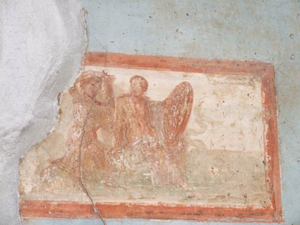 VI.9.6 Pompeii. March 2009. Room 8, painted panel with two figures, one with a shield, from the east end of the north wall, described by Warscher as “Thetis with the armour of Achilles”.