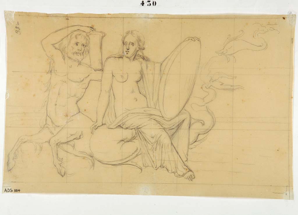 VI.9.6 Pompeii. Drawing attributed to Giuseppe Marsigli, of Thetis with the armour of Achilles, from the east end of the north wall.
Now in Naples Archaeological Museum. Inventory number ADS 354.
Photo © ICCD. http://www.catalogo.beniculturali.it
Utilizzabili alle condizioni della licenza Attribuzione - Non commerciale - Condividi allo stesso modo 2.5 Italia (CC BY-NC-SA 2.5 IT)
The same subject, by La Volpe, can be seen in Museo Borbonico X, tav.VII. (Helbig 1321)