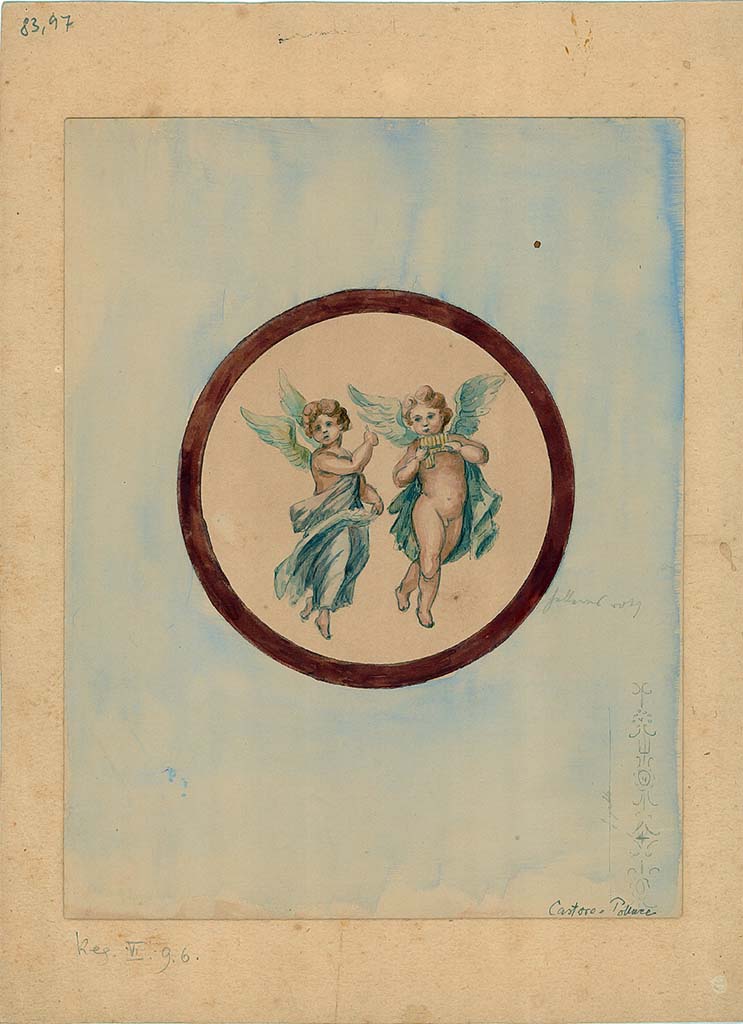 VI.9.6 Pompeii. Room 8, 19th century watercolour copy of painted panel of Cupid and Psyche, from north end of east wall.
DAIR 83.97. Photo © Deutsches Archäologisches Institut, Abteilung Rom, Arkiv.