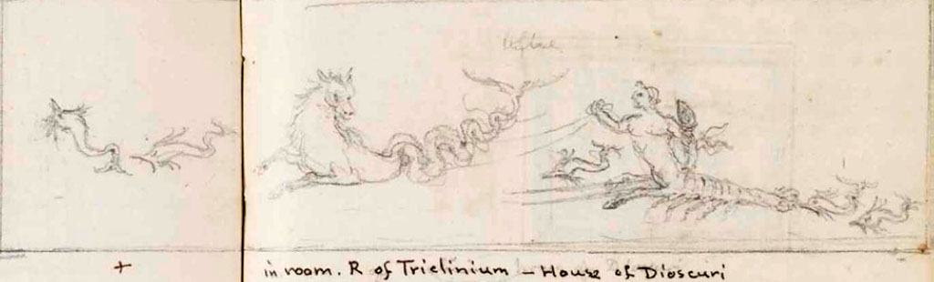 VI.9.6 Pompeii. c.1830. Room 8, drawing by Gell of painting of sea creature and sea deity, from the centre of the south wall.
See Gell, W. Sketchbook of Pompeii, c.1830. 
See book from Van Der Poel Campanian Collection on Getty website http://hdl.handle.net/10020/2002m16b425