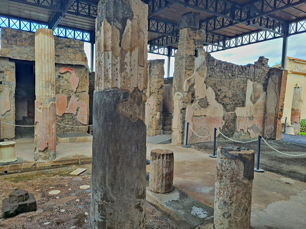 VI.9.6 Pompeii. November 2023. 
Room 3, looking north-east across impluvium in atrium, with north wall of tablinum, on right. Photo courtesy of Giuseppe Ciaramella.