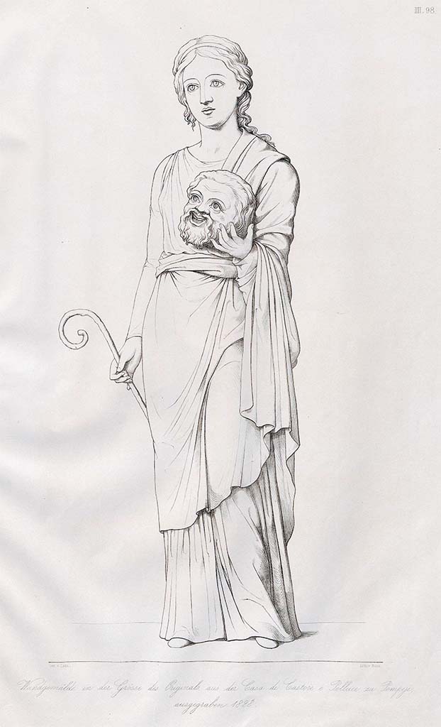 VI.9.6 Pompeii. Pre-September 1859. 
Drawing by Zahn of Thalia the muse of comedy from north wall of tablinum.
See Zahn, W., 1852-59. Die schönsten Ornamente und merkwürdigsten Gemälde aus Pompeji, Herkulanum und Stabiae: III. Berlin: Reimer, taf .98.
According to Giovambatista Finati in RMB, 
This is Thalia shown with a mask in her left hand, and the pedum in her right: a long red sistide (gown) covered with a magnificent green mantle forms her clothing, as a thin ribbon that encircles her short and dark hair and is attached to the middle of the top of her forehead is the only ornament that decorates her head.
She has her feet shod.
See Real Museo Borbonico Vol. IX, 1833, Tav. XXXIV.