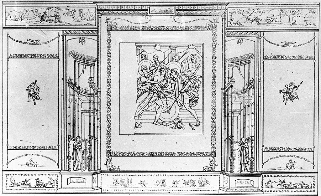 VI.9.6 Pompeii.  W.292. 
Room 9, drawing of detail of south wall of tablinum, with central painting of Achilles on Skyros: Niccolini, taf 6.
Photo by Tatiana Warscher. Photo © Deutsches Archäologisches Institut, Abteilung Rom, Arkiv. 
See Niccolini F, 1854. Le case ed i monumenti di Pompei: Volume Primo. Napoli. Tav. 6.