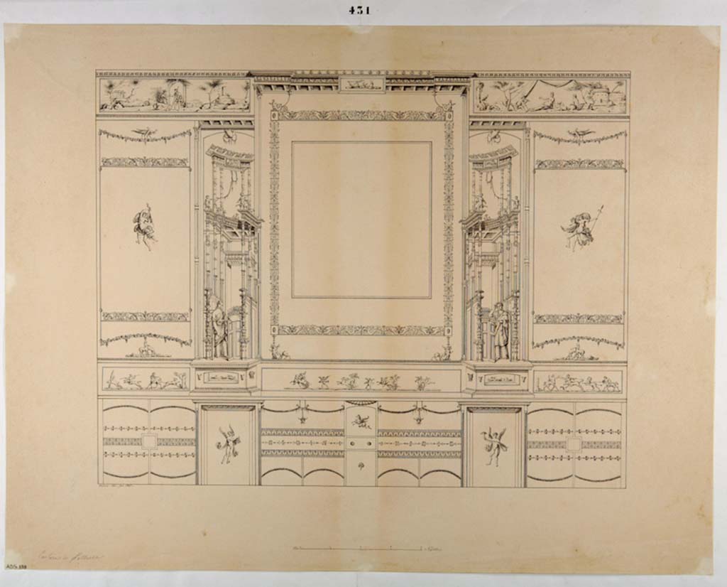 VI.9.6 Pompeii. Drawing by Antonio Ala, 1847, of south wall of tablinum.
Now in Naples Archaeological Museum. Inventory number ADS 339.
Photo © ICCD. https://www.catalogo.beniculturali.it
Utilizzabili alle condizioni della licenza Attribuzione - Non commerciale - Condividi allo stesso modo 2.5 Italia (CC BY-NC-SA 2.5 IT)