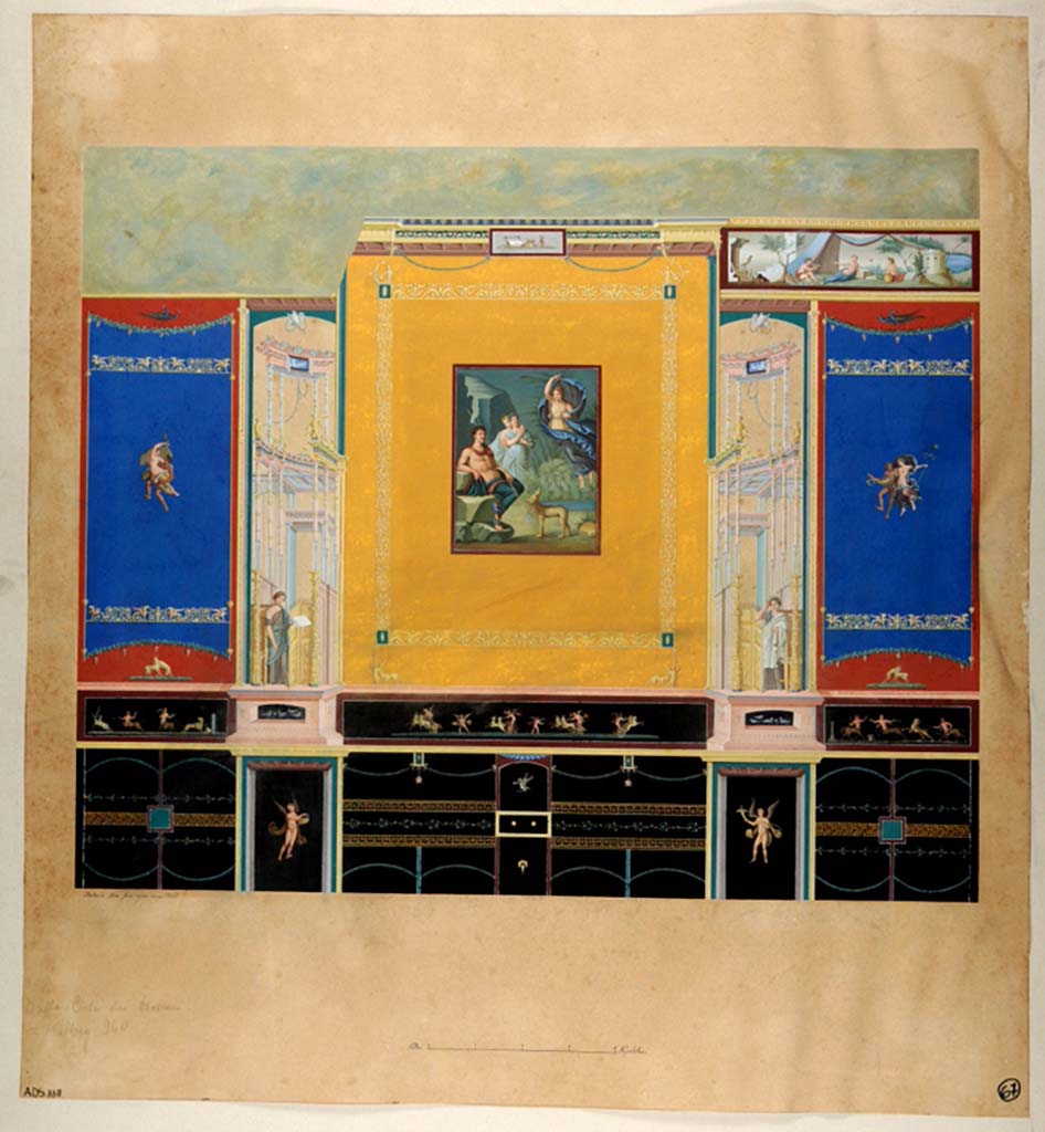 VI.9.6 Pompeii. Drawing by Antonio Ala, 1861, of wall of tablinum.
Now in Naples Archaeological Museum. Inventory number ADS 338.
Photo © ICCD. https://www.catalogo.beniculturali.it
Utilizzabili alle condizioni della licenza Attribuzione - Non commerciale - Condividi allo stesso modo 2.5 Italia (CC BY-NC-SA 2.5 IT)
Presumably this is the south wall, the same as he drew 14 years previously, however the central painting is not the correct one.
The correct central painting should be Achilles on Scyros, perhaps this had been cut and sent to the Museum (inv.no. 9110).
The painting in the central panel shows Endymion, also now in Naples Museum (inv. no. 9240) (Helbig 960) which would have been seen in room 14.