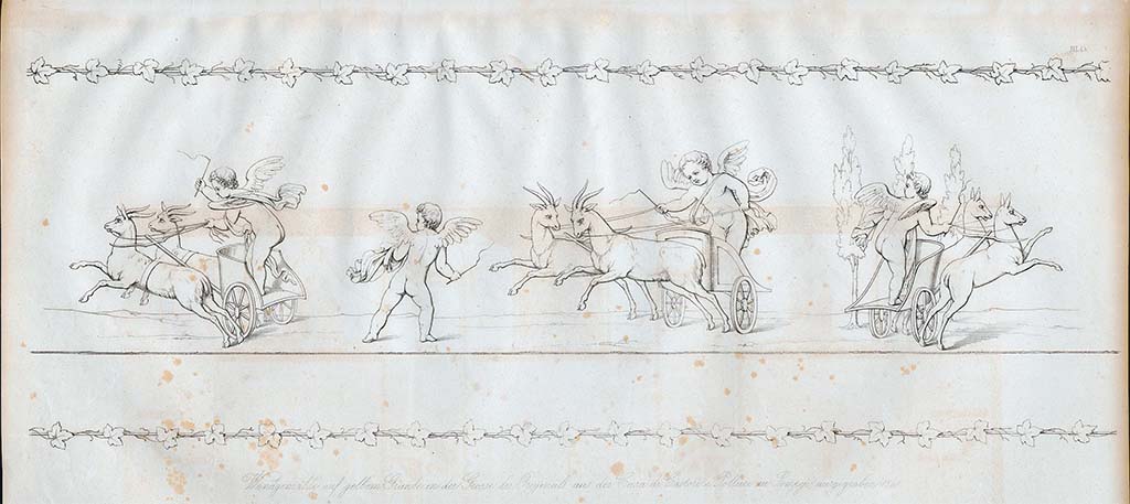 VI.9.6 Pompeii. Pre-October 1852. 
Drawing by Zahn of cupids from the central predella beneath the central painting, on a yellow background of the wall of the tablinum. 
See Zahn, W., 1852-59. Die schönsten Ornamente und merkwürdigsten Gemälde aus Pompeji, Herkulanum und Stabiae: III. Berlin: Reimer, taf. 45.