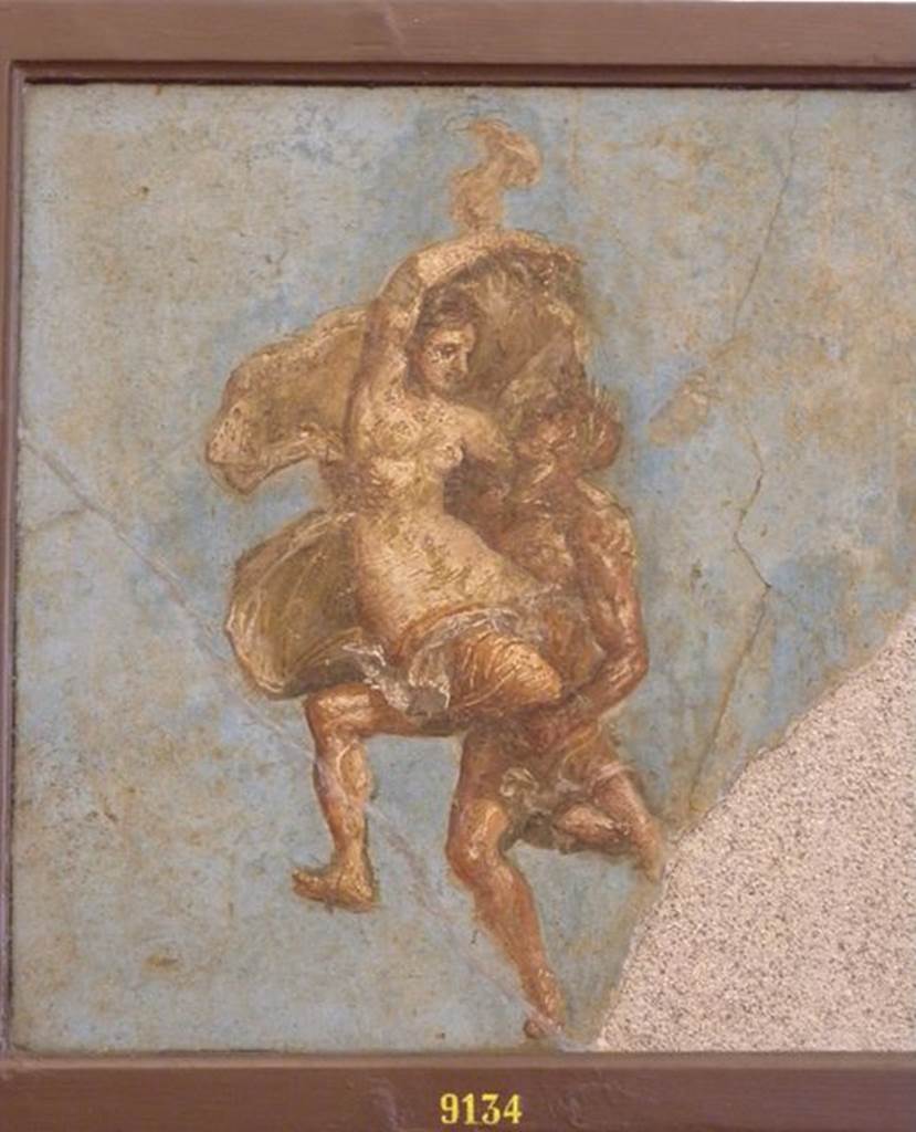 VI.9.6 Pompeii. Found on 18th June 1828 in room 9 at the east end of the south wall of the tablinum. Wall painting of satyr and maenad in flight. Found on east side of painting of Achilles at Skyros. Now in Naples Archaeological Museum. Inventory number 9134. See Helbig, W., 1868. Wandgemälde der vom Vesuv verschütteten Städte Campaniens. Leipzig: Breitkopf und Härtel. (515, 522, 523, 529).