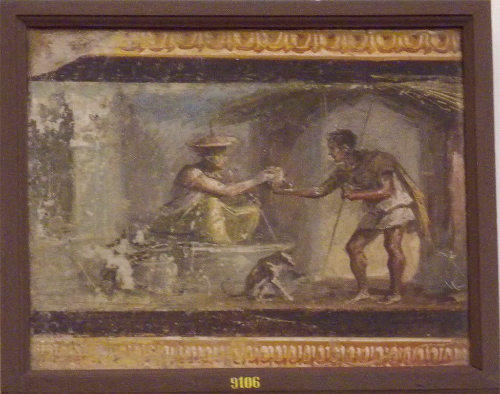 VI.9.6 Pompeii. Found on 18th June 1828 in room 9, on upper section frieze at east end of south wall of tablinum. 
Wall painting of a woman offering a drink to a traveller. 
It has also been interpreted as “Oedipus and the Sphynx” or as a magician predicting the future. 
Now in Naples Archaeological Museum. Inventory number 9106.