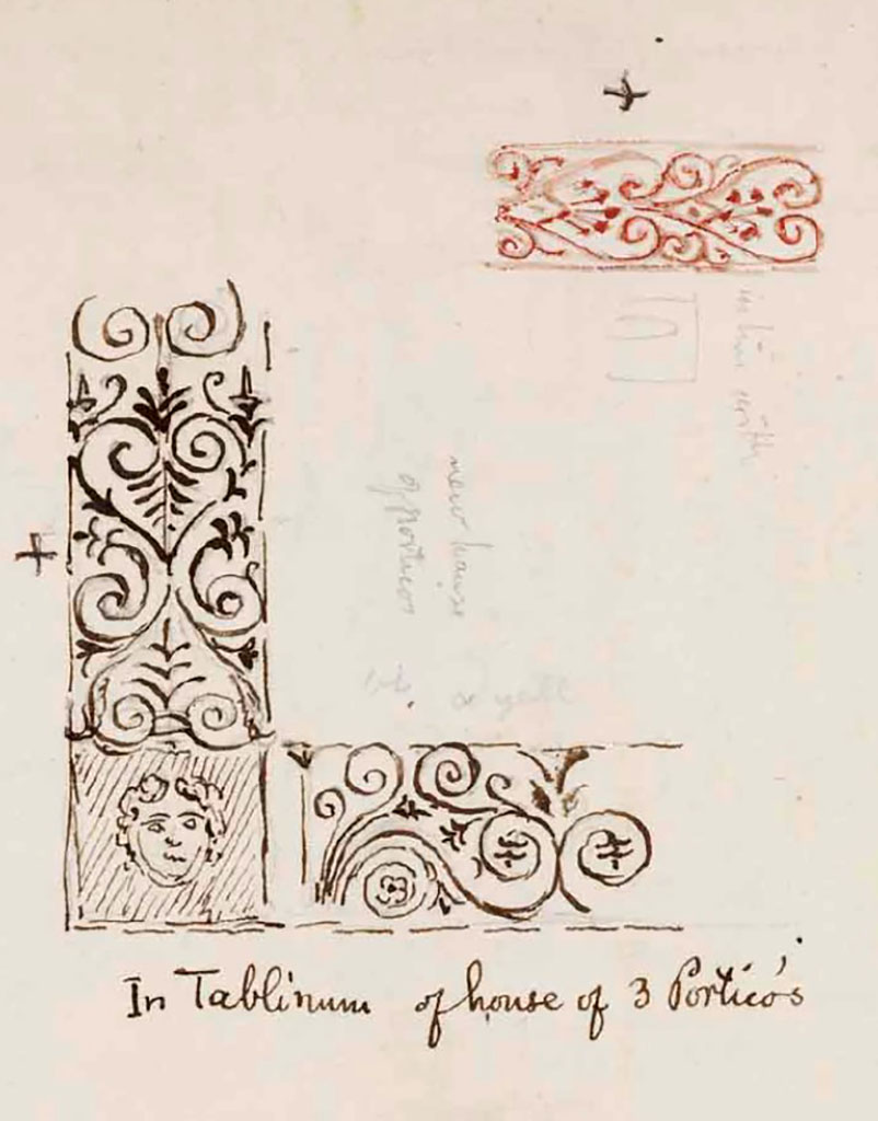 VI.9.6 Pompeii. c.1830. Room 9, tablinum, drawing by Gell of detail of decoration. 
See Gell, W. Sketchbook of Pompeii, c.1830. 
See book from Van Der Poel Campanian Collection on Getty website http://hdl.handle.net/10020/2002m16b425