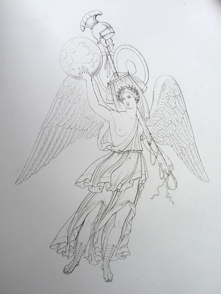VI.9.6 Pompeii.  Pre 1836.
Room 9, drawing/engraving by Gell of floating figure – Victory/Nike from upper centre of south wall of tablinum.
Gell wrote –
“A figure of Victory differing so materially from everything of the kind as to be worthy of preservation.”
See Gell, W and Gandy, J., 1880. Pompeii, its destruction and re-discovery. New York: Worthington.