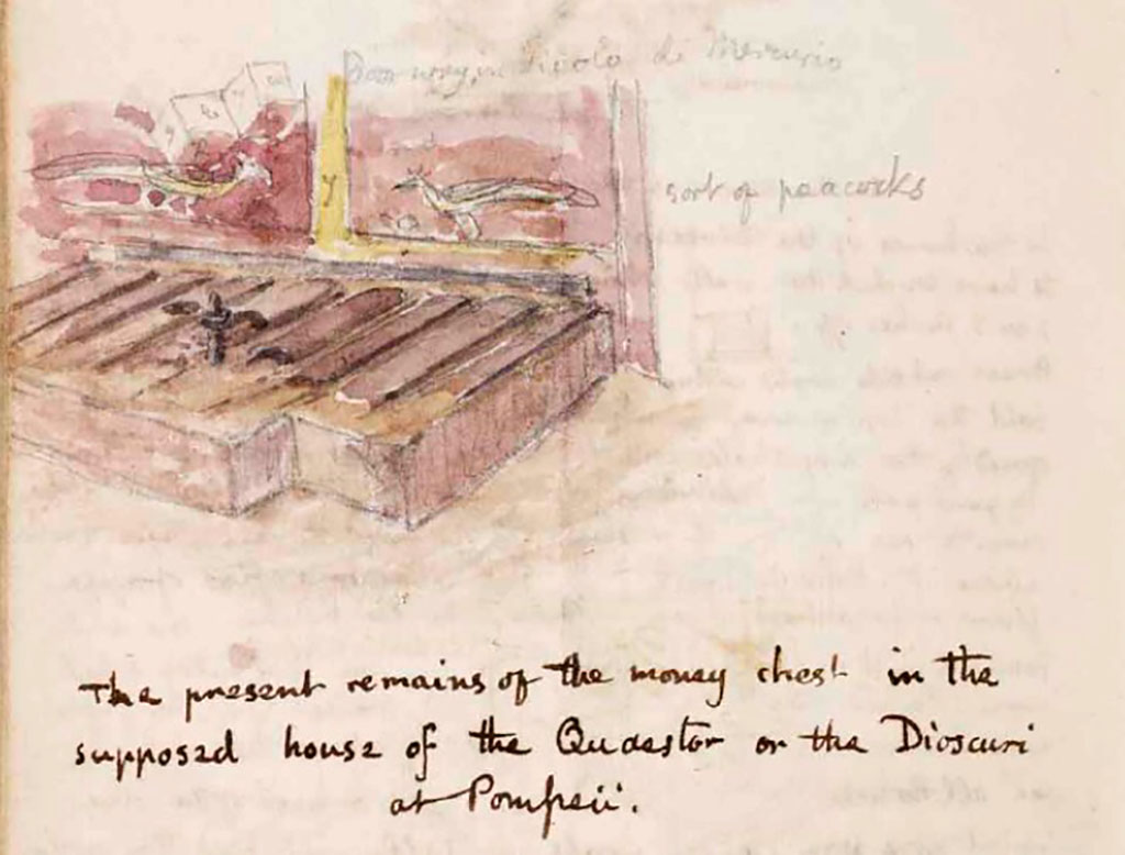 VI.9.6 Pompeii. c.1830. Drawing by Gell of the remains of the money chest on the east side of the atrium.
According to Gell –
“Bones of chests brick crusted in the marble, inside brass, outside iron, handles, locks, rosettes, nails, etc of bronze.
In first chest 45 gold and 5 silver coins, ancients had excavated in room behind and made a hole through the wall and got most of the money !!”
See Gell, W. Sketchbook of Pompeii, c.1830. 
See book from Van Der Poel Campanian Collection on Getty website http://hdl.handle.net/10020/2002m16b425
This was a masonry base faced with marble, see PAH II, p.214.
Found in the chest were 45 gold coins, and 5 silver, see PAH III, p.89.
The chest had been partly rummaged through by the ancient scavengers.
