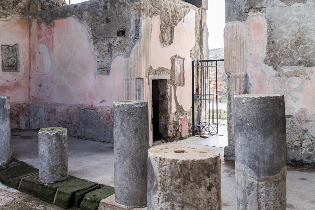 VI.9.6 Pompeii. January 2023. 
Room 3, atrium, looking south-west towards entrance corridor/doorway, from north side of impluvium. Photo courtesy of Johannes Eber.
