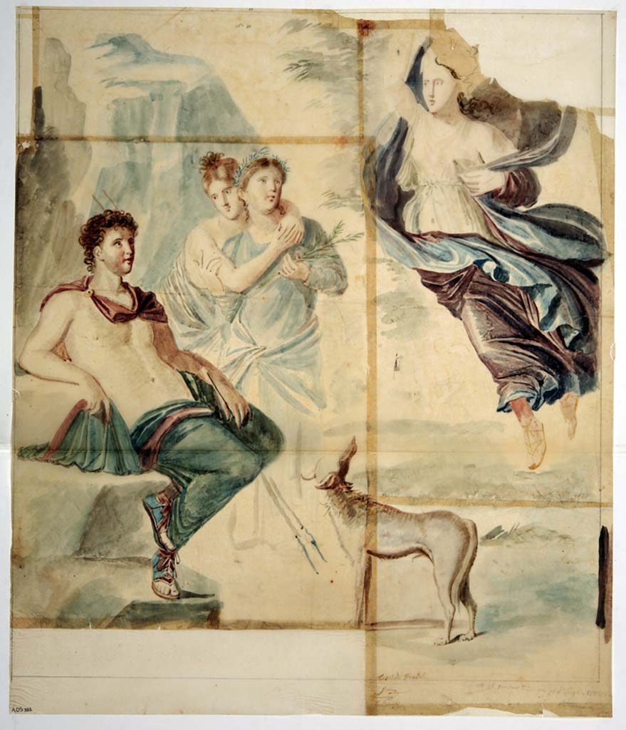 VI.9.6 Pompeii. Painting by Giuseppe Marsigli, 22nd July 1828, of Selene and Endymion from centre of north wall.
Now in Naples Archaeological Museum. Inventory number ADS 332.
Photo © ICCD. http://www.catalogo.beniculturali.it
Utilizzabili alle condizioni della licenza Attribuzione - Non commerciale - Condividi allo stesso modo 2.5 Italia (CC BY-NC-SA 2.5 IT)